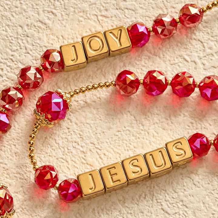 SolaceBeads Red Crystal "JOY JESUS" Cube Beads Rosary: Festive Joy, Divine Redemption - image 6