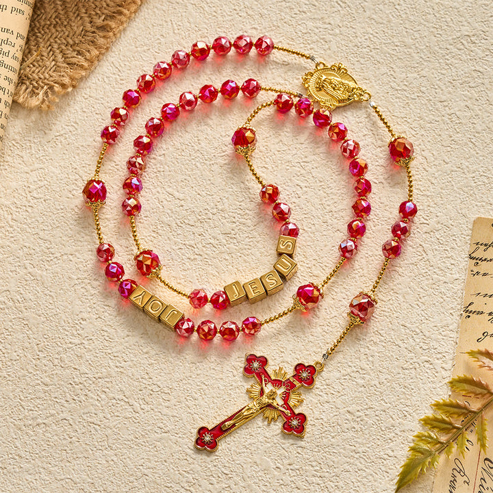 SolaceBeads Red Crystal "JOY JESUS" Cube Beads Rosary: Festive Joy, Divine Redemption - Red - image 0