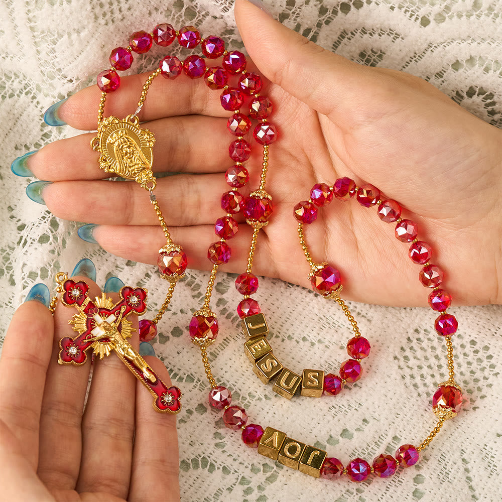SolaceBeads Red Crystal "JOY JESUS" Cube Beads Rosary: Festive Joy, Divine Redemption - image 1