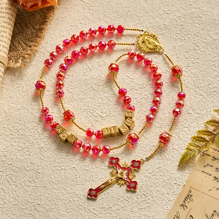 SolaceBeads Red Crystal "JOY JESUS" Cube Beads Rosary: Festive Joy, Divine Redemption - image 3