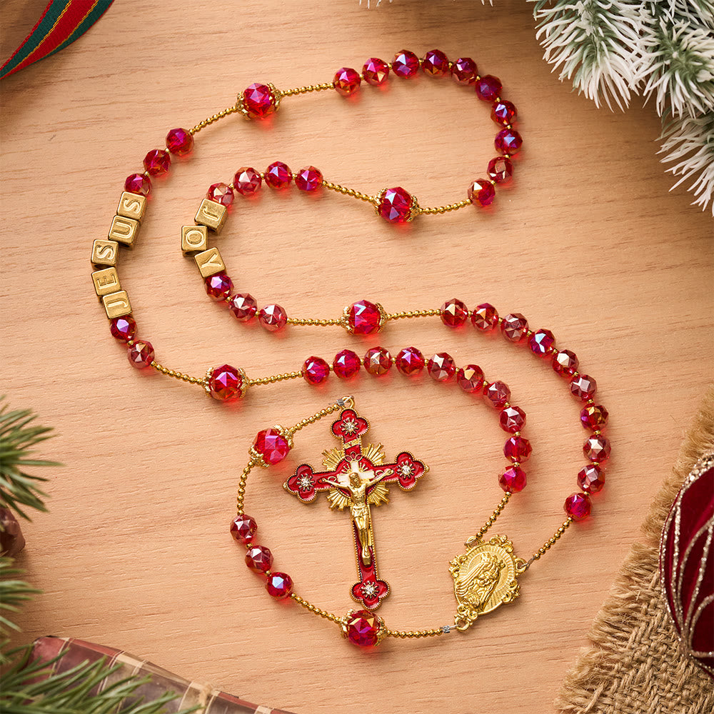 SolaceBeads Red Crystal "JOY JESUS" Cube Beads Rosary: Festive Joy, Divine Redemption - image 2