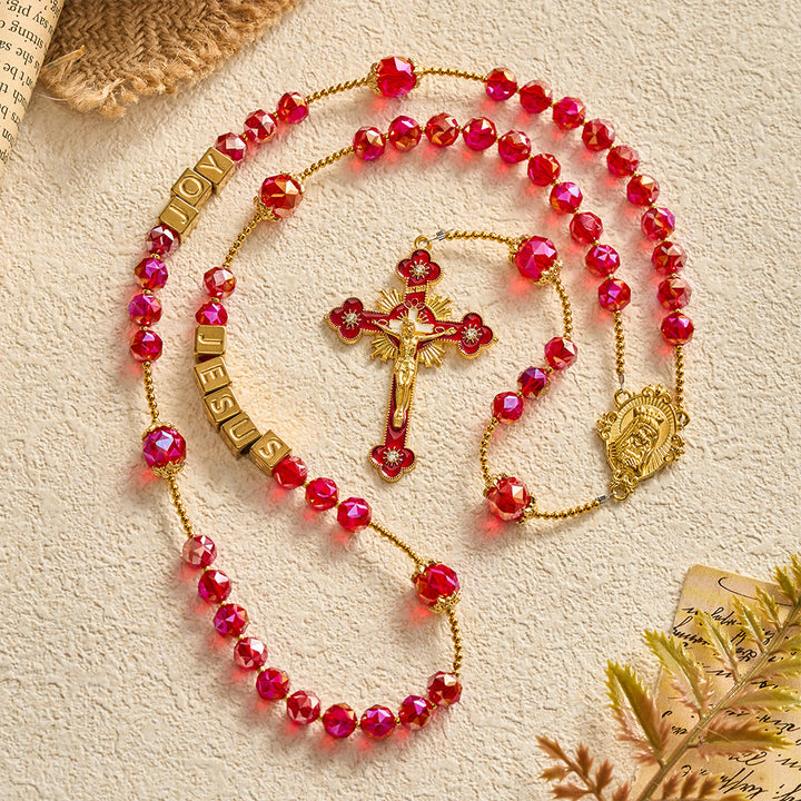 SolaceBeads Red Crystal "JOY JESUS" Cube Beads Rosary: Festive Joy, Divine Redemption - image 4
