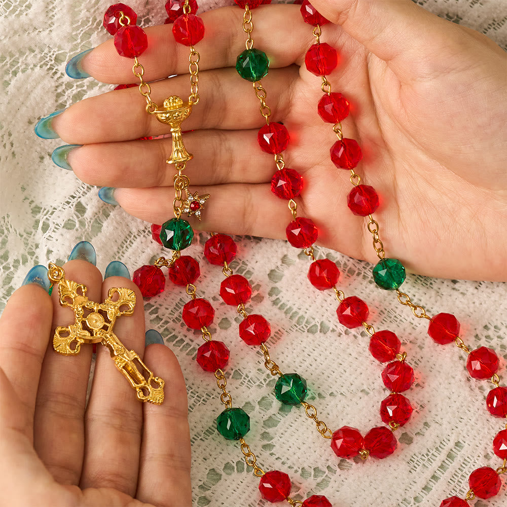 SolaceBeads Red &amp; Green Crystal Holy Chalice Star of Bethlehem Rosary: Heavenly Guidance, Sacred Joy - image 1