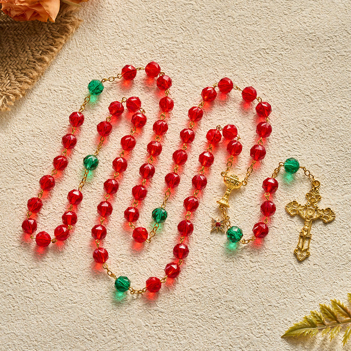 SolaceBeads Red &amp; Green Crystal Holy Chalice Star of Bethlehem Rosary: Heavenly Guidance, Sacred Joy - Red &amp; Green - image 0