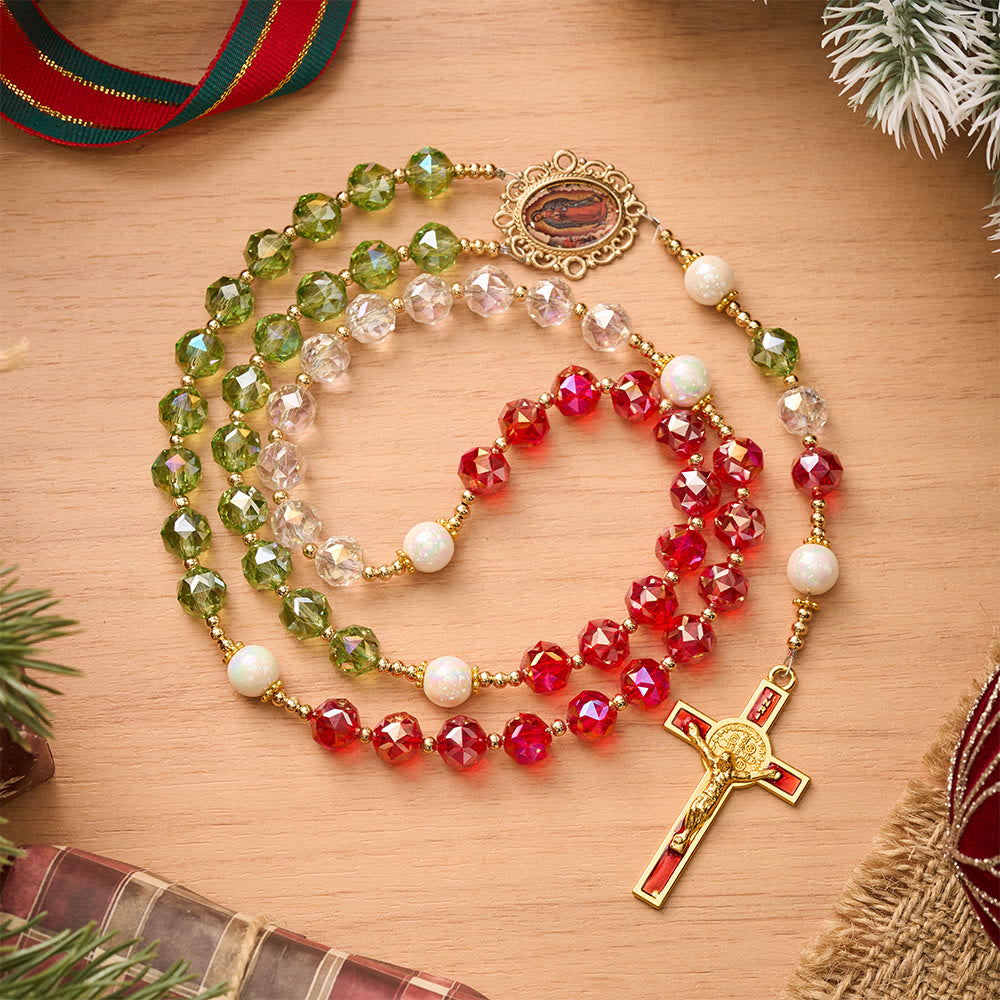 SolaceBeads Christmas-Tone Crystal Rosary With Guadalupe Center: Light in Seasonal Devotion - Clear & Red & Green - image 0