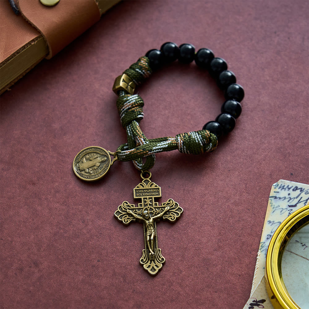 SolaceBeads Black Pocket Rosary With St. Benedict Medal & Crucifix: Protection in Compact Prayer - Black - image 0