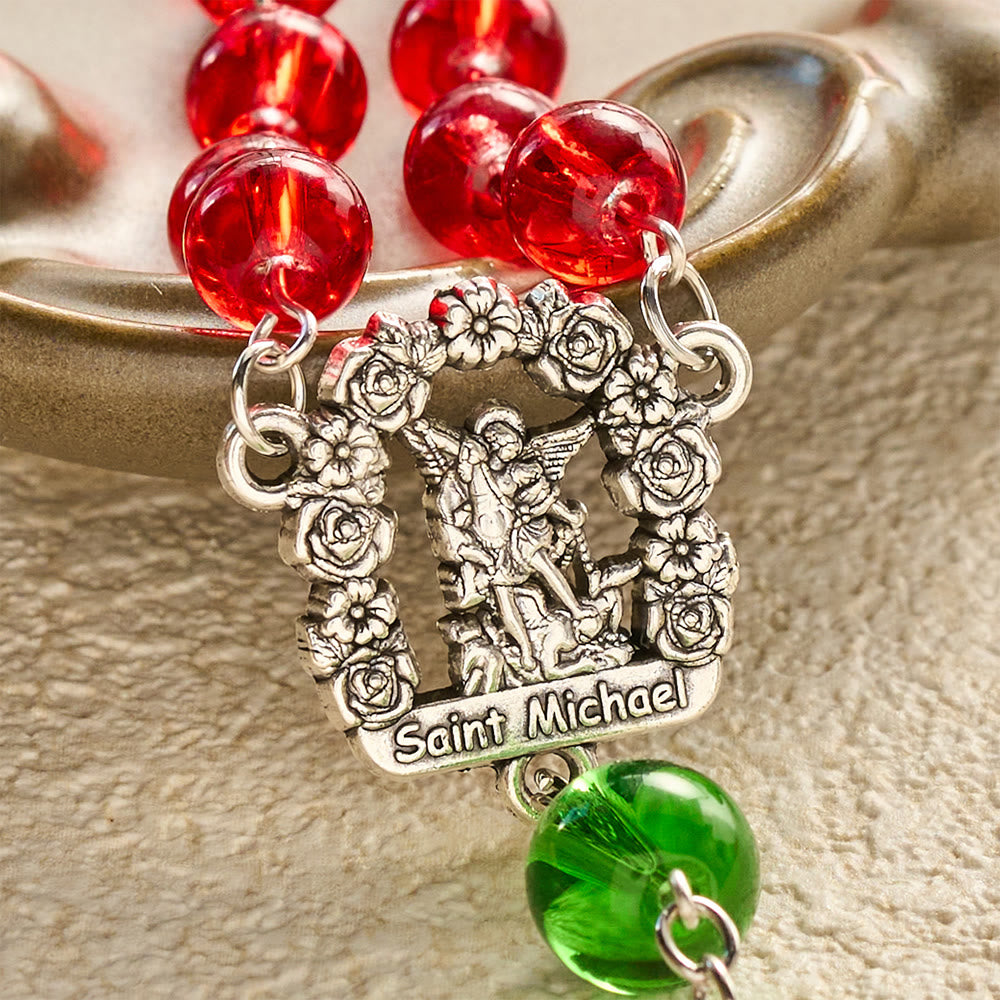 SolaceBeads Red &amp; Green Glass Archangel St. Michael Heart Cross Rosary: Angelic Shield, Festive Joy - image 5