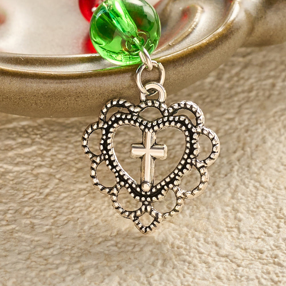 SolaceBeads Red &amp; Green Glass Archangel St. Michael Heart Cross Rosary: Angelic Shield, Festive Joy - image 6