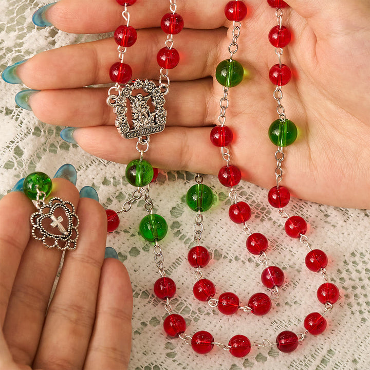 SolaceBeads Red &amp; Green Glass Archangel St. Michael Heart Cross Rosary: Angelic Shield, Festive Joy - image 1
