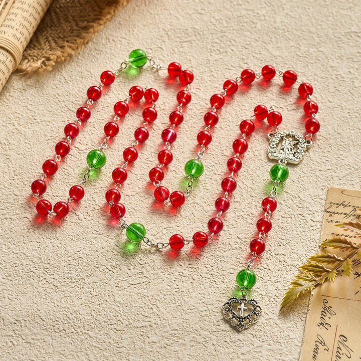 SolaceBeads Red &amp; Green Glass Archangel St. Michael Heart Cross Rosary: Angelic Shield, Festive Joy - image 8