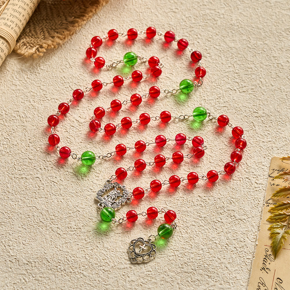SolaceBeads Red &amp; Green Glass Archangel St. Michael Heart Cross Rosary: Angelic Shield, Festive Joy - image 7