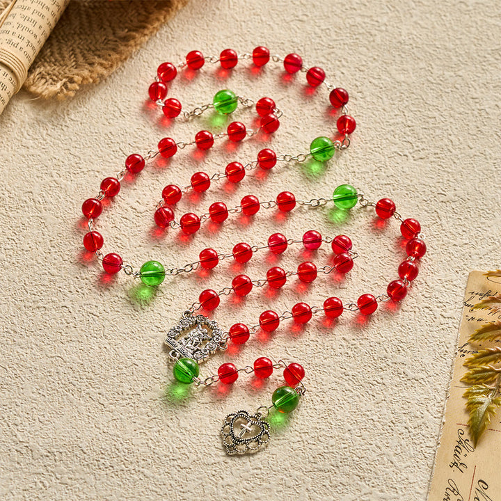 SolaceBeads Red &amp; Green Glass Archangel St. Michael Heart Cross Rosary: Angelic Shield, Festive Joy - image 7