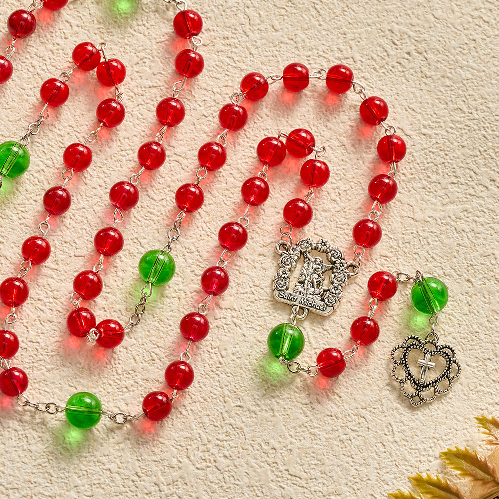 SolaceBeads Red & Green Glass Archangel St. Michael Heart Cross Rosary: Angelic Shield, Festive Joy - Red & Green - image 0