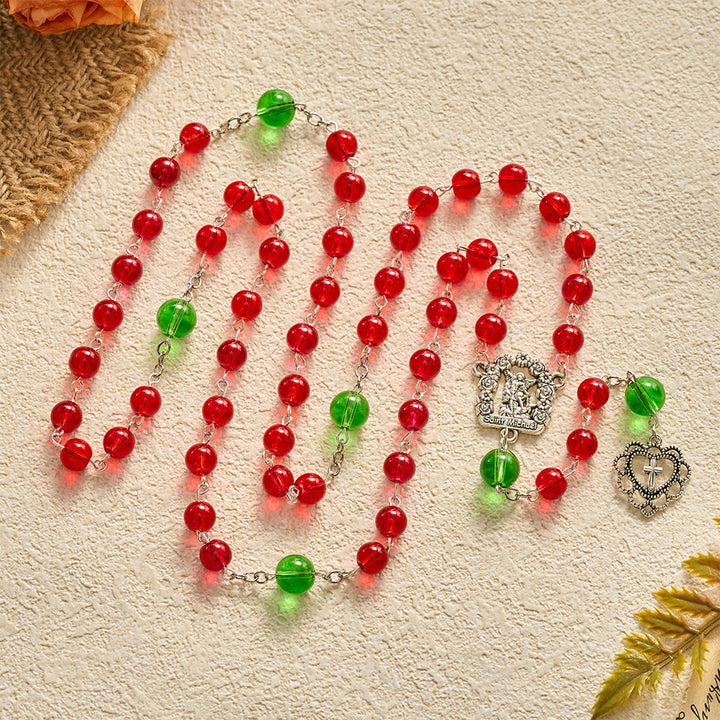 SolaceBeads Red &amp; Green Glass Archangel St. Michael Heart Cross Rosary: Angelic Shield, Festive Joy - image 3