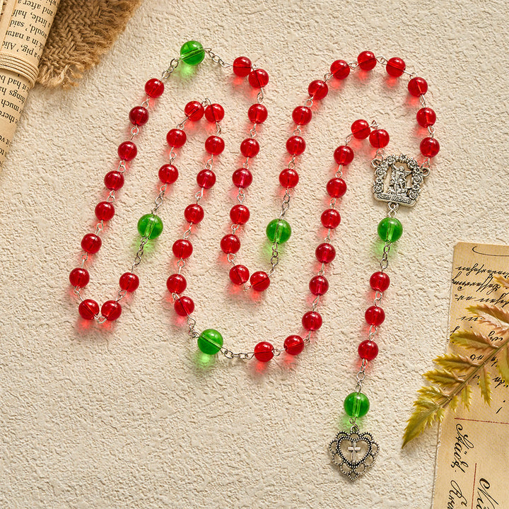 SolaceBeads Red &amp; Green Glass Archangel St. Michael Heart Cross Rosary: Angelic Shield, Festive Joy - image 9