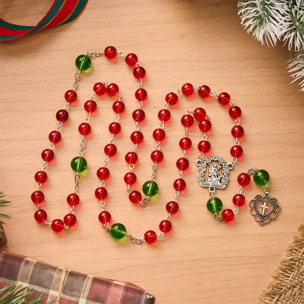 SolaceBeads Red &amp; Green Glass Archangel St. Michael Heart Cross Rosary: Angelic Shield, Festive Joy - image 2