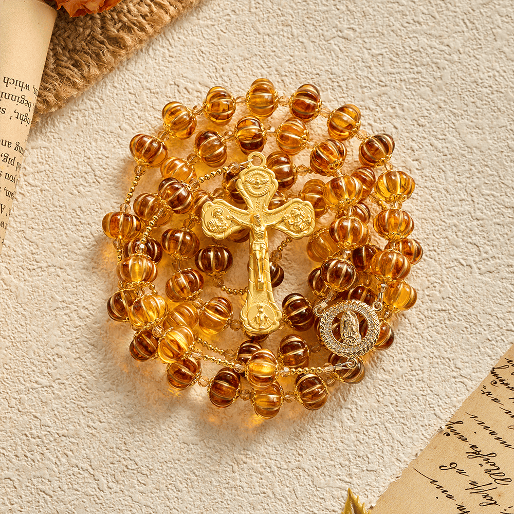 SolaceBeads Amber Honey Pumpkin Beads Virgin Mary Artistic Rosary: Autumn Gratitude, Golden Grace - image 7
