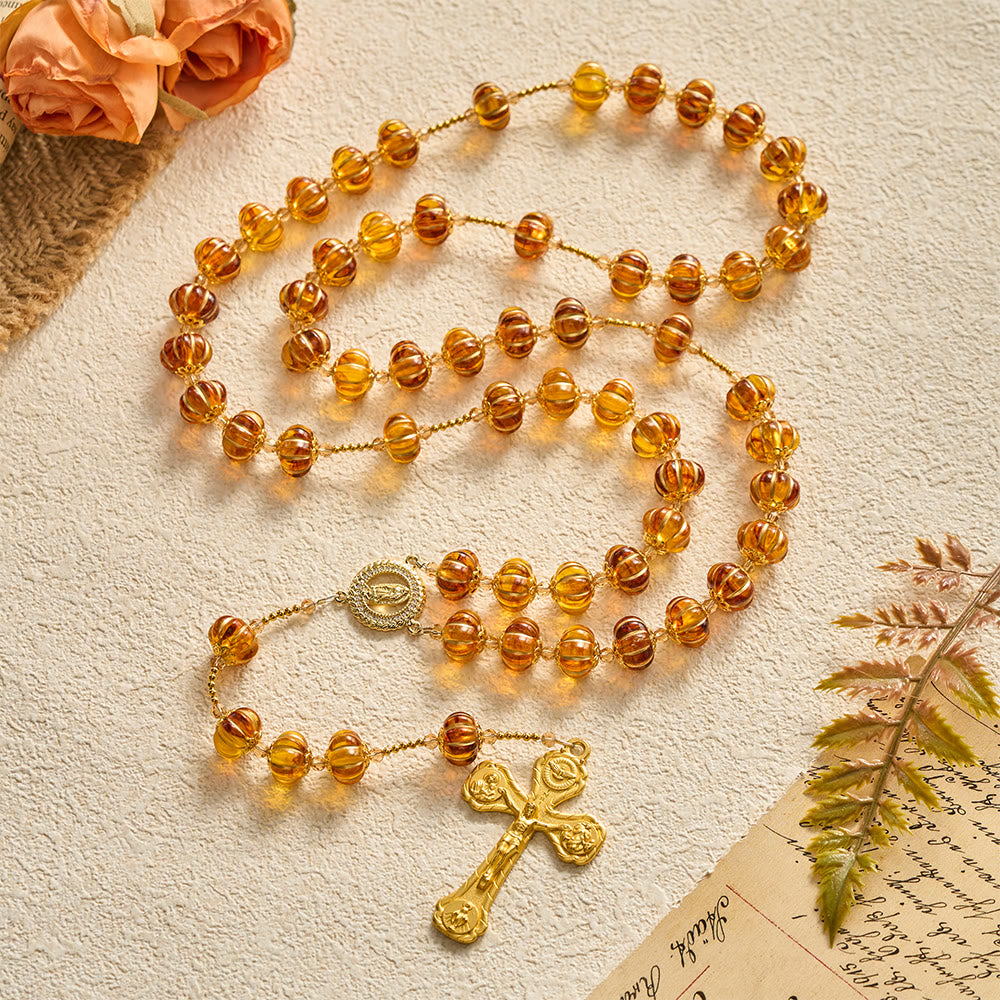 SolaceBeads Amber Honey Pumpkin Beads Virgin Mary Artistic Rosary: Autumn Gratitude, Golden Grace - Orange - image 0