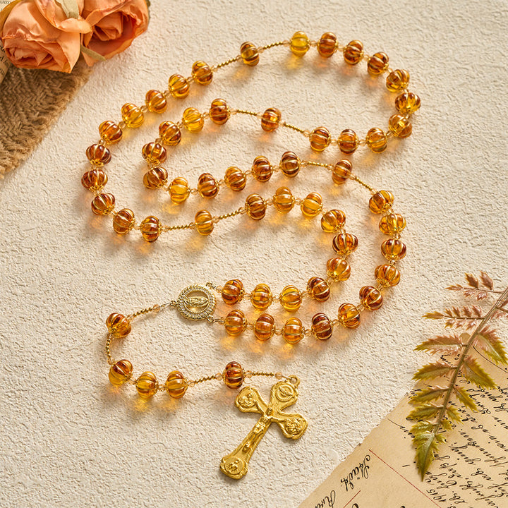 SolaceBeads Amber Honey Pumpkin Beads Virgin Mary Artistic Rosary: Autumn Gratitude, Golden Grace - Orange - image 0