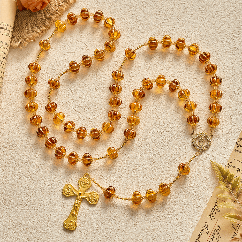 SolaceBeads Amber Honey Pumpkin Beads Virgin Mary Artistic Rosary: Autumn Gratitude, Golden Grace - image 11