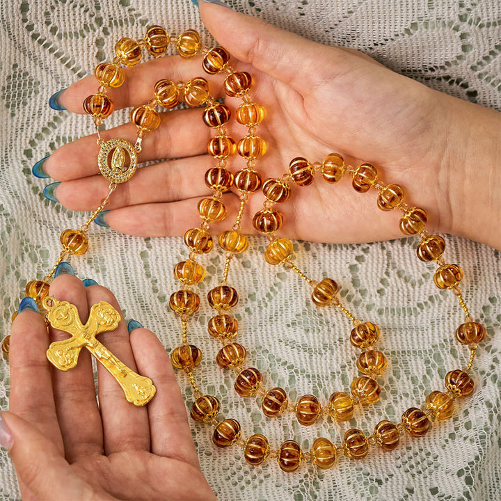 SolaceBeads Amber Honey Pumpkin Beads Virgin Mary Artistic Rosary: Autumn Gratitude, Golden Grace - image 1
