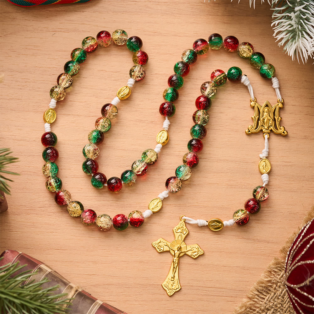SolaceBeads Red Green Crackle Glass Rosary With Miraculous Medal &amp; Crucifix: Peace in Christmas Glow - image 2