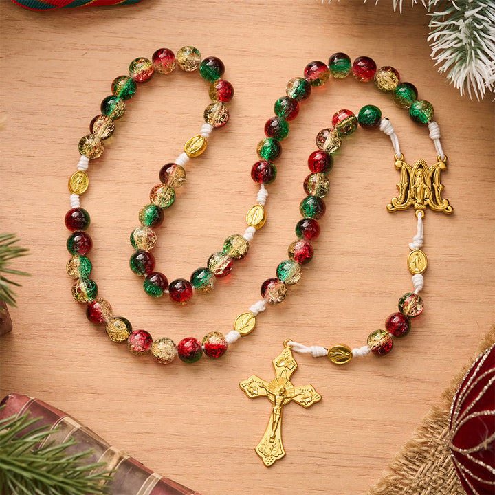 SolaceBeads Red Green Crackle Glass Rosary With Miraculous Medal &amp; Crucifix: Peace in Christmas Glow - image 2