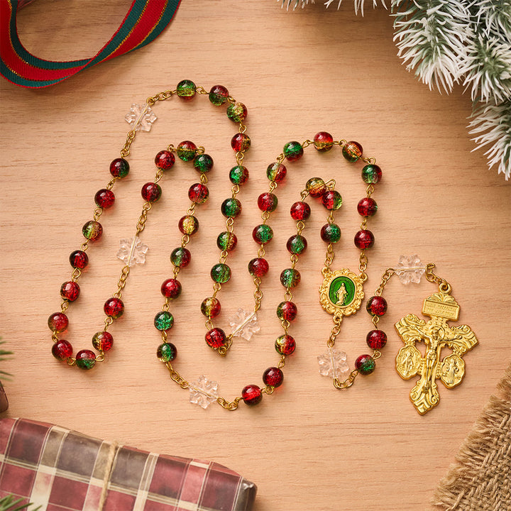 SolaceBeads Red &amp; Green Beads &amp; Snowflake Glass Rosary With Pardon Crucifix: Christmas Devotion - image 2